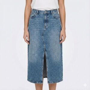 R JEANS Cotton Blend Split Front 5 Pocket Denim Midi Skirt Med Wash US Sz 36